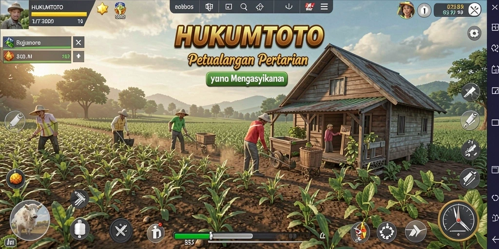 Tampilan gameplay HUKUMTOTO dengan aktivitas bercocok tanam yang seru.