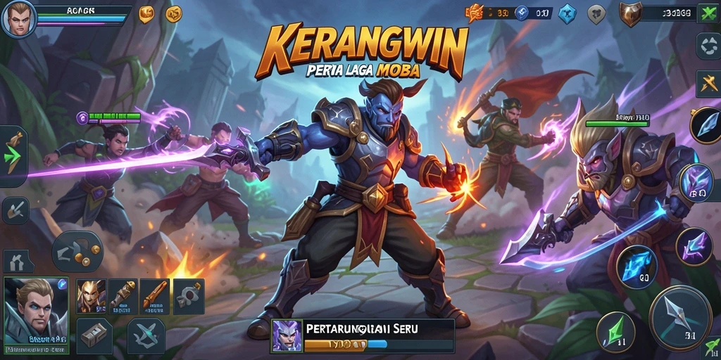 Screenshot gameplay KERANGWIN menampilkan aksi seru di arena MOBA.