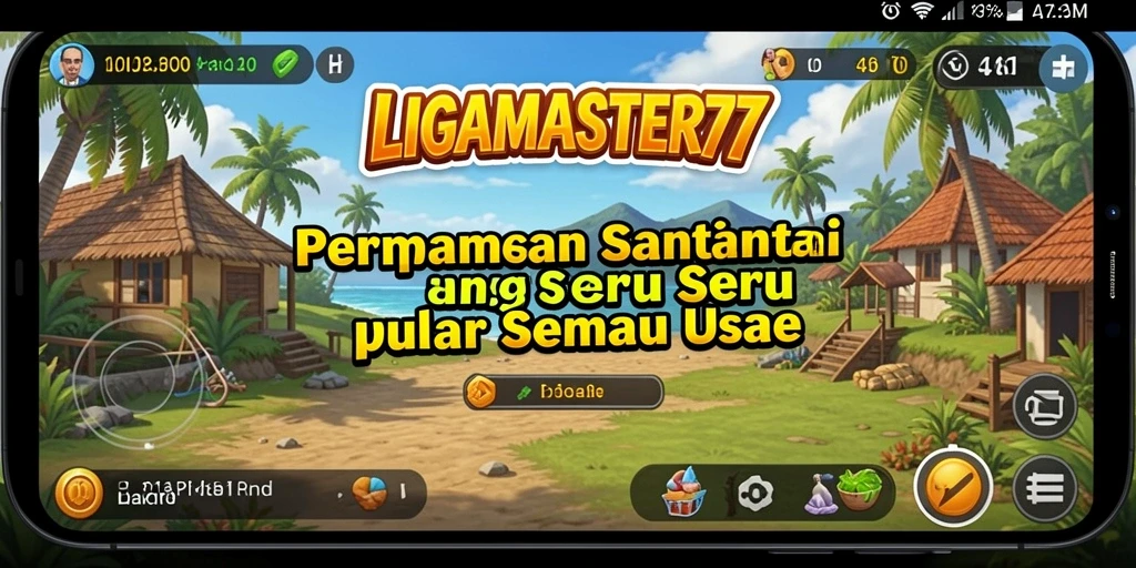 Screenshot utama LIGAMASTER77 menampilkan gameplay santai yang penuh warna.