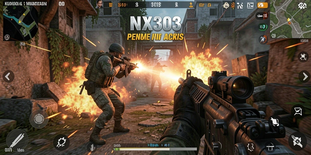 Screenshot NX303 menampilkan aksi tembak-menembak yang seru.