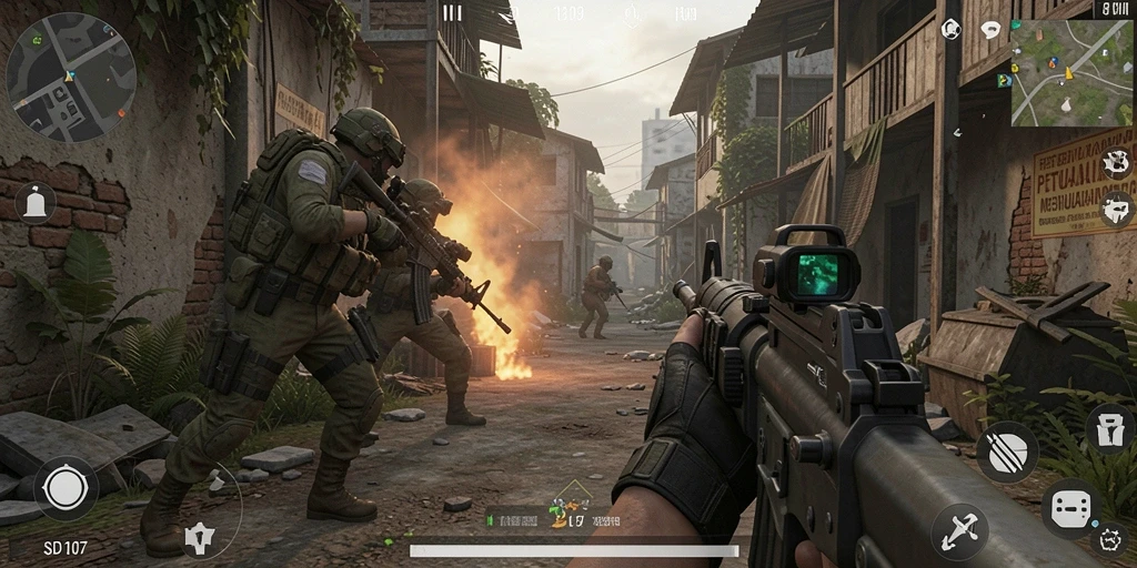 Tampilan gaming seru selama pertempuran FPS di SD107.