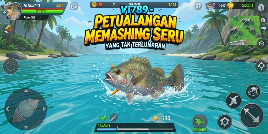 Screenshot gameplay VT789 yang menampilkan karakter memancing di danau yang indah.